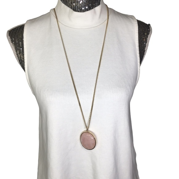 EXPRESS Pink Semi Precious Stone Pink Quartz Pendant Necklace Gold Tone 34" - Picture 1 of 6